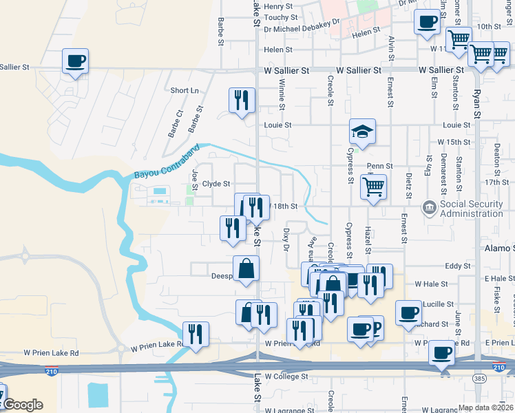 map of restaurants, bars, coffee shops, grocery stores, and more near 2701 Lake Street in Lake Charles
