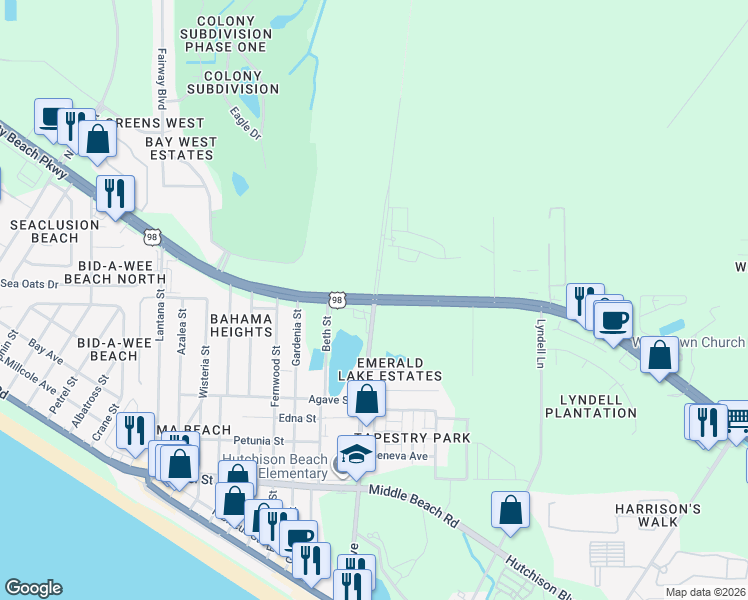 map of restaurants, bars, coffee shops, grocery stores, and more near in Panama City Beach