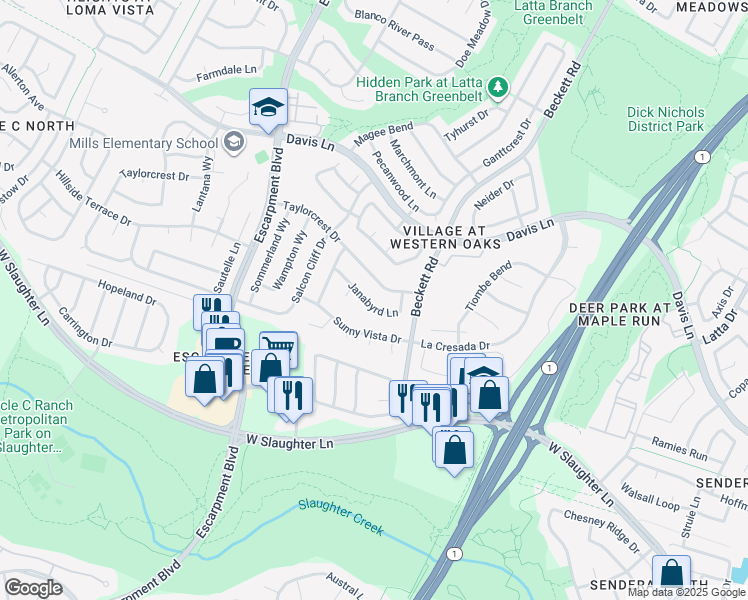 map of restaurants, bars, coffee shops, grocery stores, and more near 5716 Janabyrd Lane in Austin