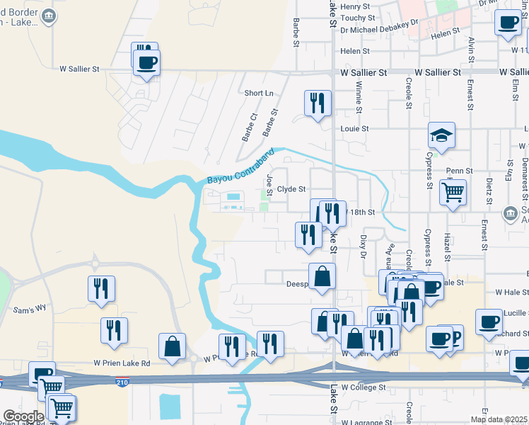 map of restaurants, bars, coffee shops, grocery stores, and more near 1095 West 18th Street in Lake Charles