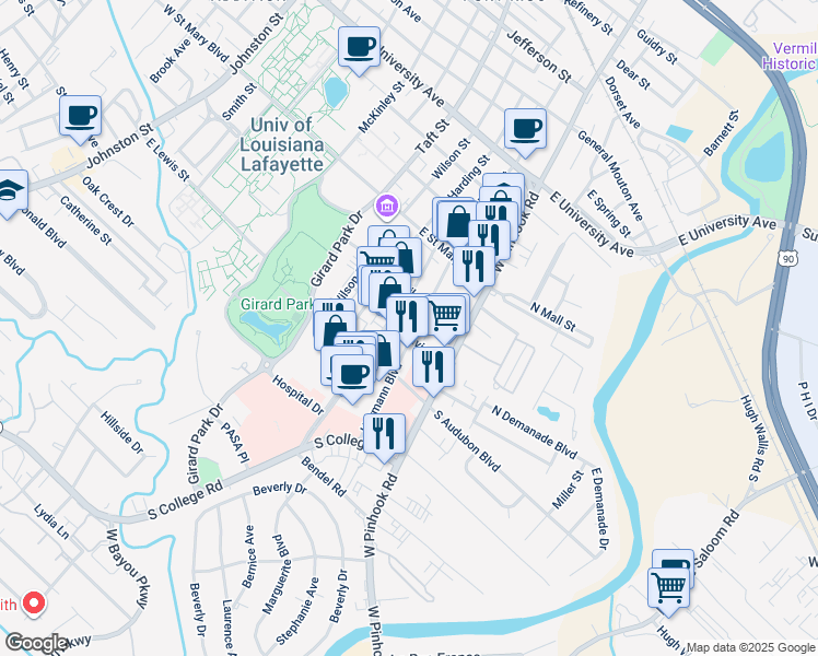 map of restaurants, bars, coffee shops, grocery stores, and more near 229 Heymann Boulevard in Lafayette