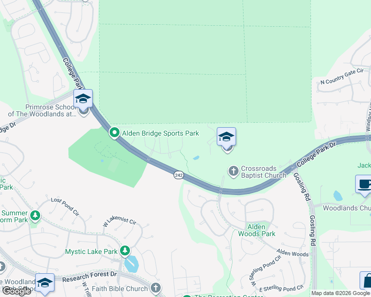 map of restaurants, bars, coffee shops, grocery stores, and more near 38 East Stedhill Loop in Conroe