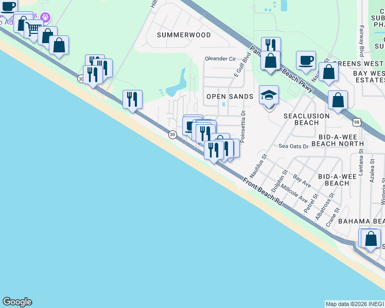 map of restaurants, bars, coffee shops, grocery stores, and more near 14666 Front Beach Road in Panama City Beach