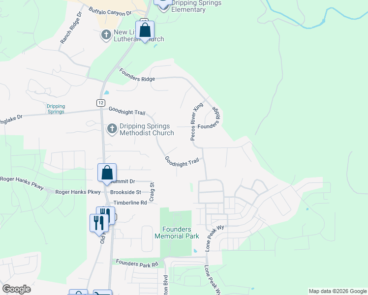 map of restaurants, bars, coffee shops, grocery stores, and more near 176 Shawnee Trail in Dripping Springs