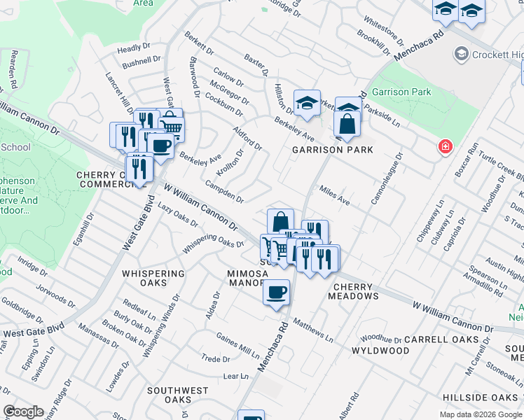 map of restaurants, bars, coffee shops, grocery stores, and more near 6708 Menchaca Road in Austin
