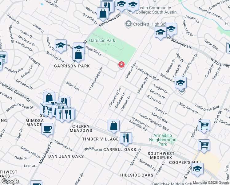 map of restaurants, bars, coffee shops, grocery stores, and more near 1624 Chippeway Lane in Austin