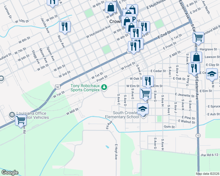 map of restaurants, bars, coffee shops, grocery stores, and more near 619 West Mill Street in Crowley