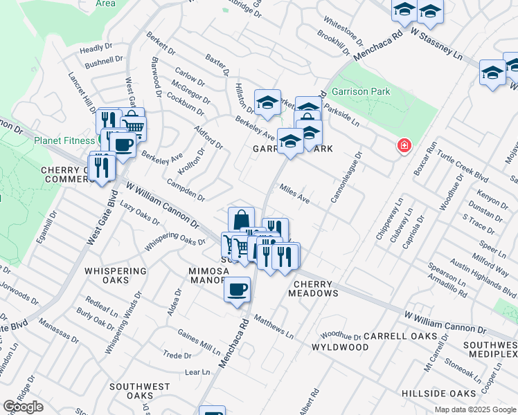 map of restaurants, bars, coffee shops, grocery stores, and more near 6704 Menchaca Road in Austin