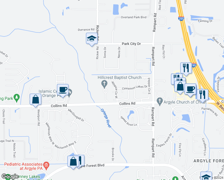 map of restaurants, bars, coffee shops, grocery stores, and more near 7561 Coriander Court in Jacksonville