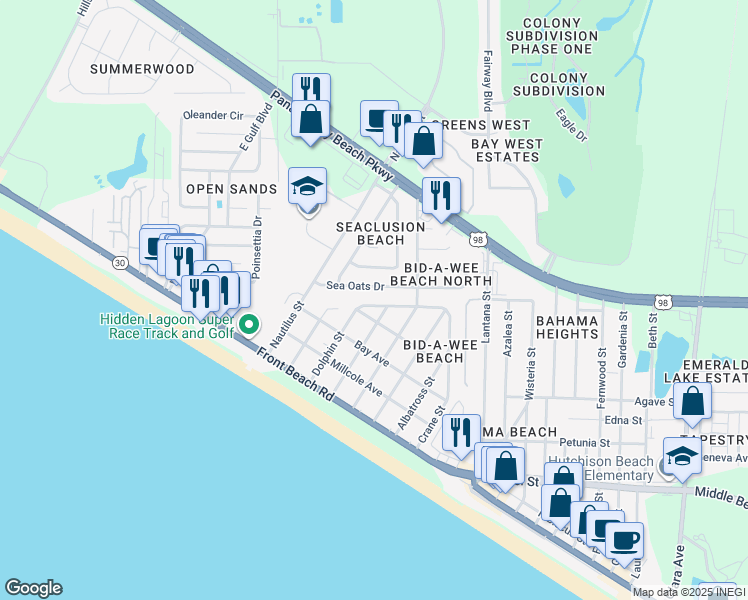map of restaurants, bars, coffee shops, grocery stores, and more near 188 Crane Street in Panama City Beach