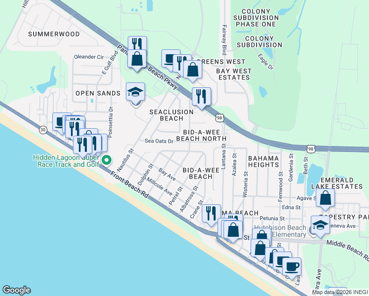 map of restaurants, bars, coffee shops, grocery stores, and more near 100 Argonaut Street in Panama City Beach