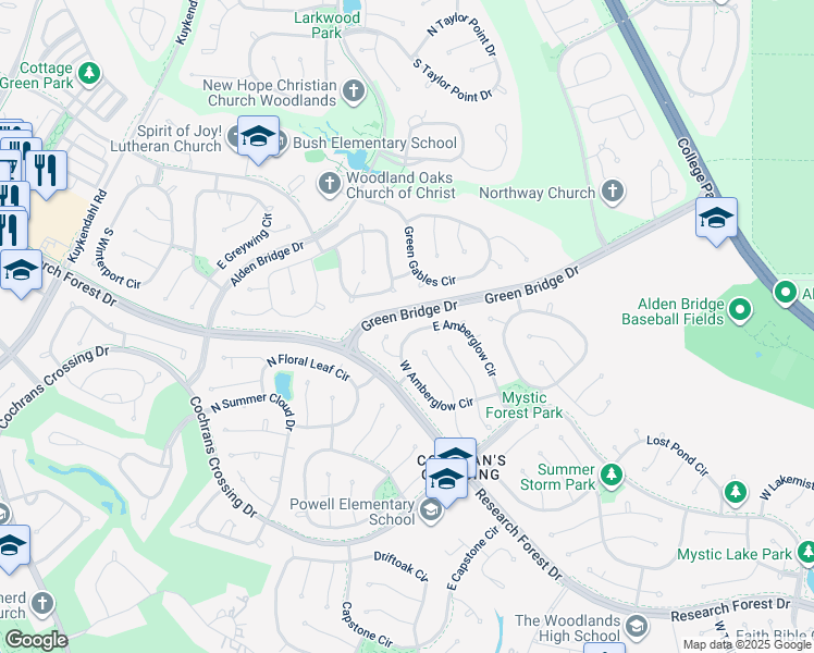 map of restaurants, bars, coffee shops, grocery stores, and more near 118 East Amberglow Circle in Spring
