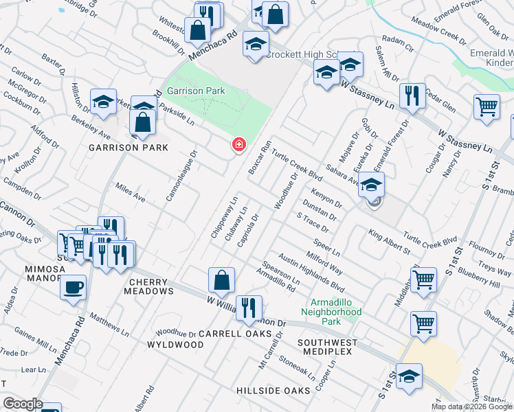 map of restaurants, bars, coffee shops, grocery stores, and more near 6304 Capriola Drive in Austin