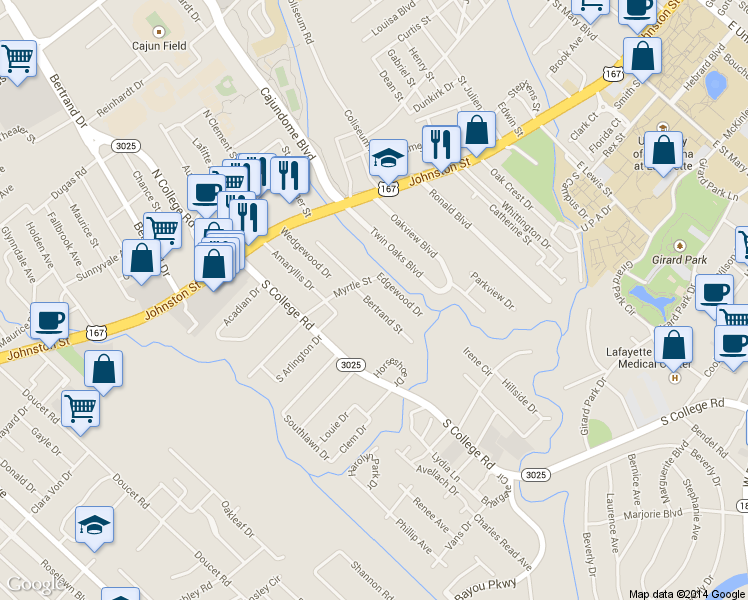 map of restaurants, bars, coffee shops, grocery stores, and more near 223 Bertrand Street in Lafayette