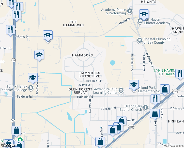 map of restaurants, bars, coffee shops, grocery stores, and more near 3706 Bay Tree Road in Lynn Haven