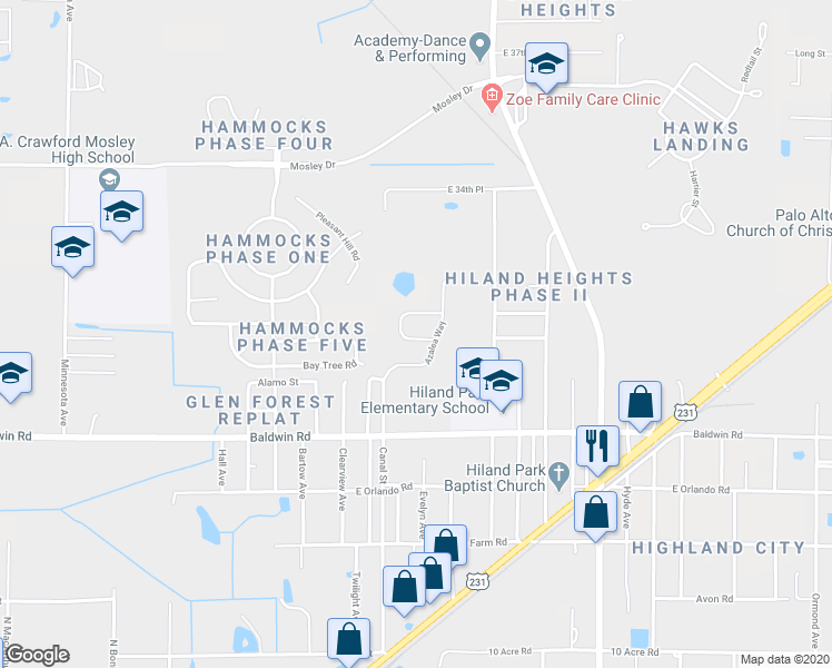map of restaurants, bars, coffee shops, grocery stores, and more near 3630 Azalea Court in Panama City