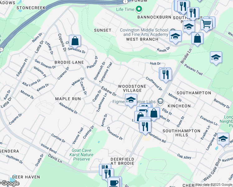 map of restaurants, bars, coffee shops, grocery stores, and more near 3806 Eskew Drive in Austin