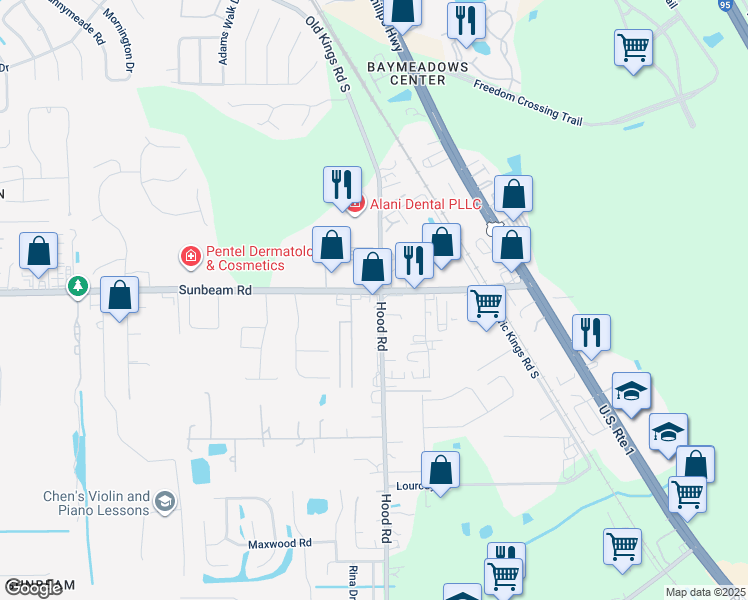 map of restaurants, bars, coffee shops, grocery stores, and more near 9506 Hood Road in Jacksonville