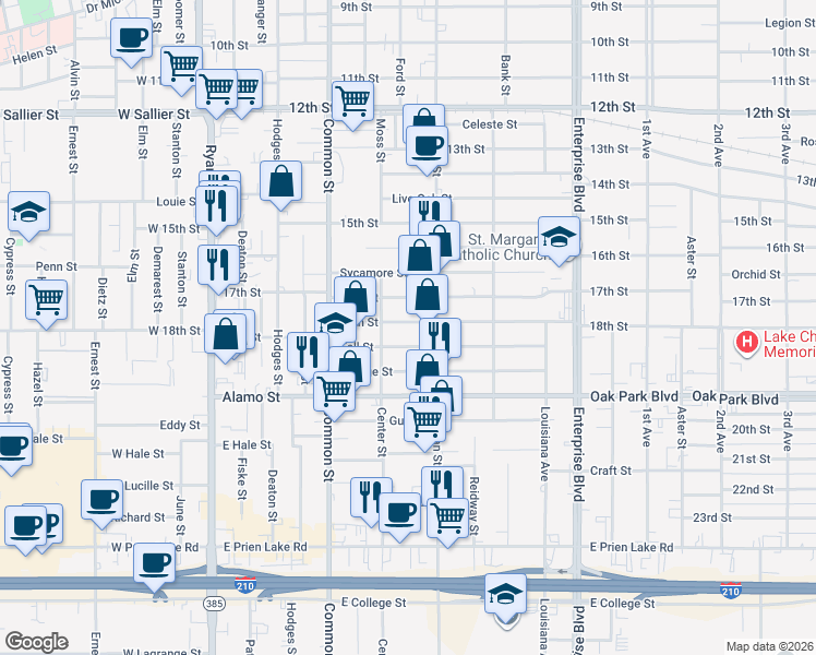 map of restaurants, bars, coffee shops, grocery stores, and more near 705 Fall Street in Lake Charles