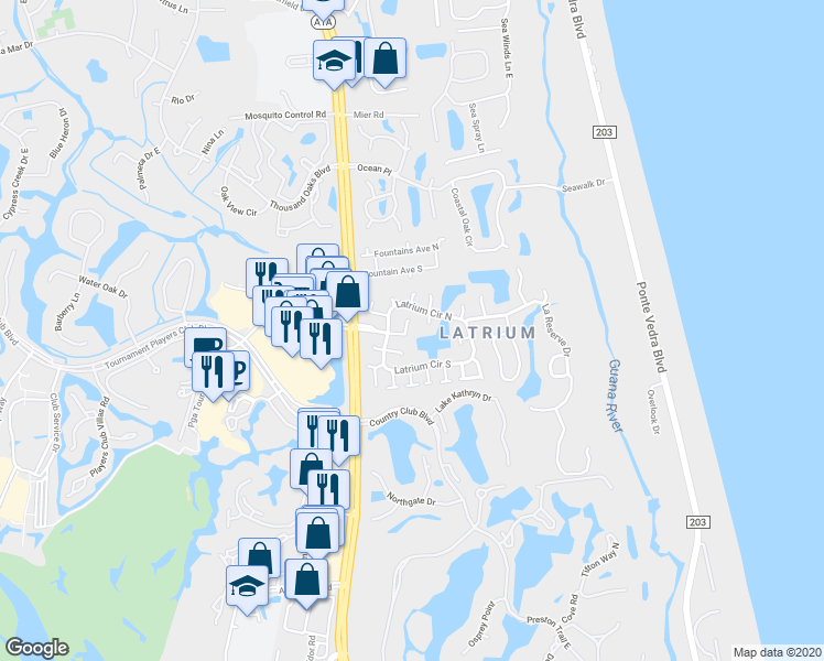 map of restaurants, bars, coffee shops, grocery stores, and more near 2510 Saint Michel Court in Ponte Vedra Beach