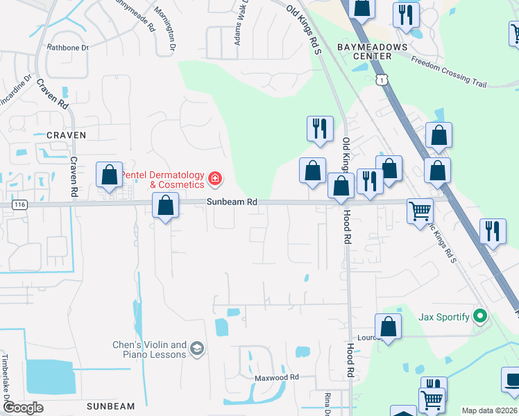 map of restaurants, bars, coffee shops, grocery stores, and more near 4772 Sunbeam Road in Jacksonville