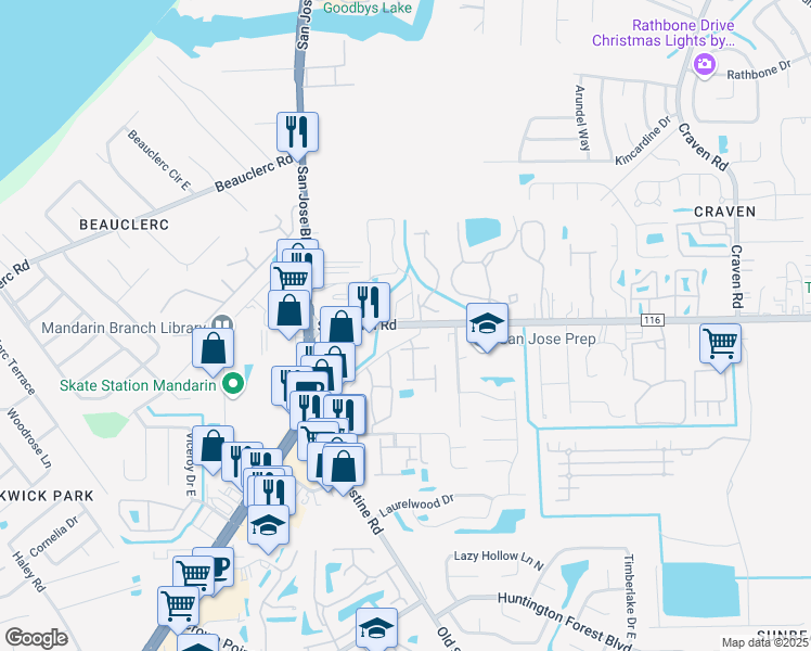 map of restaurants, bars, coffee shops, grocery stores, and more near 3968 Sunbeam Road in Jacksonville