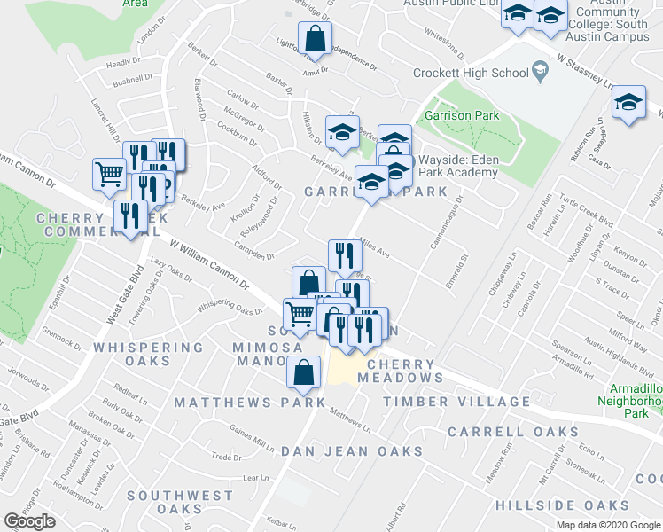 map of restaurants, bars, coffee shops, grocery stores, and more near 6704 Menchaca Road in Austin