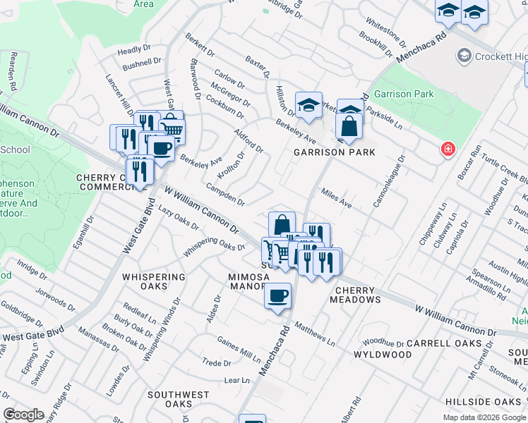 map of restaurants, bars, coffee shops, grocery stores, and more near 6708 Menchaca Road in Austin