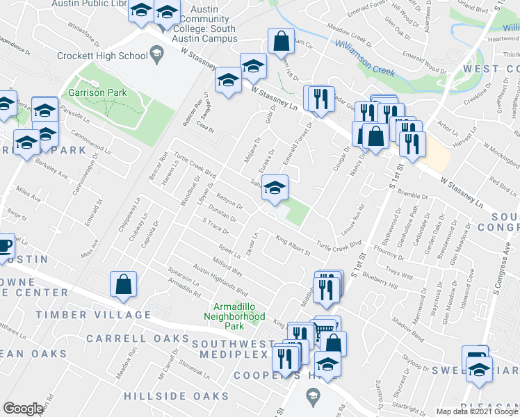 map of restaurants, bars, coffee shops, grocery stores, and more near Turtle Creek Boulevard in Austin
