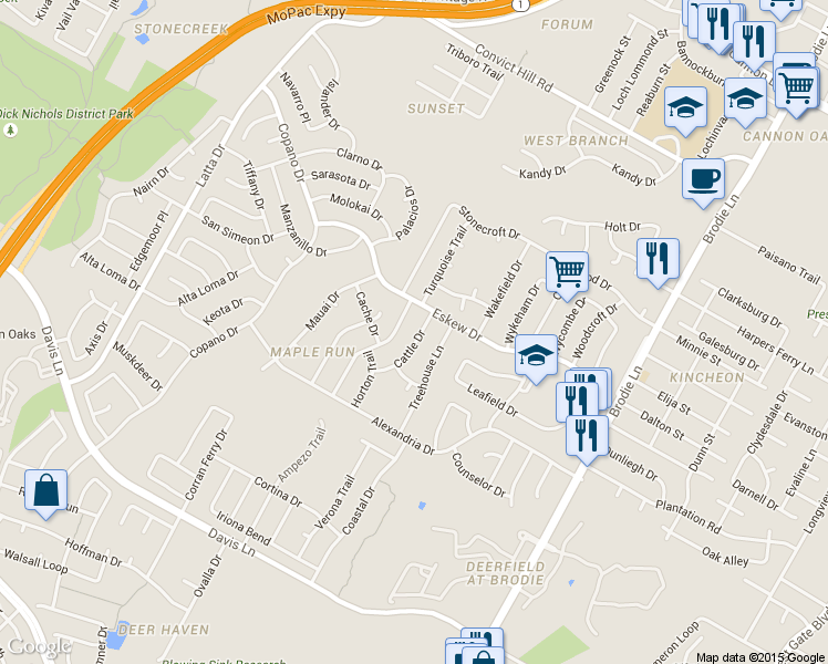 map of restaurants, bars, coffee shops, grocery stores, and more near 8104 Cattle Drive in Austin