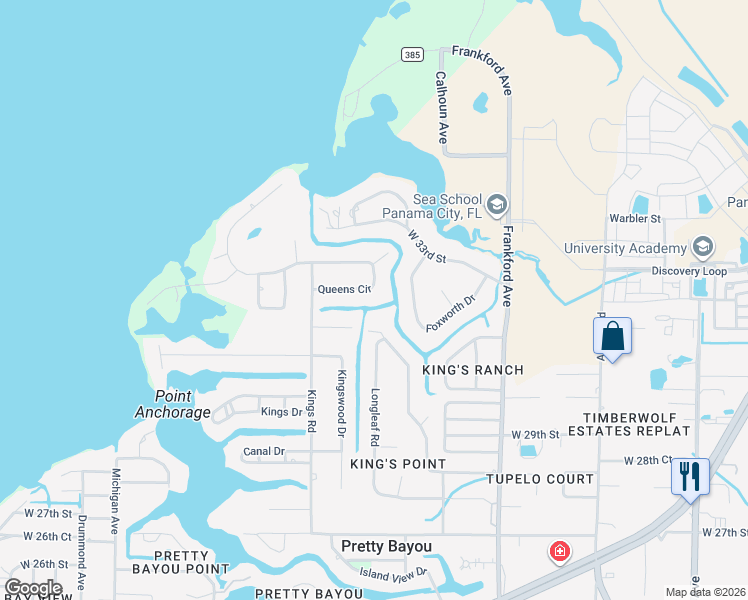 map of restaurants, bars, coffee shops, grocery stores, and more near 118 Queens Cir in Panama City