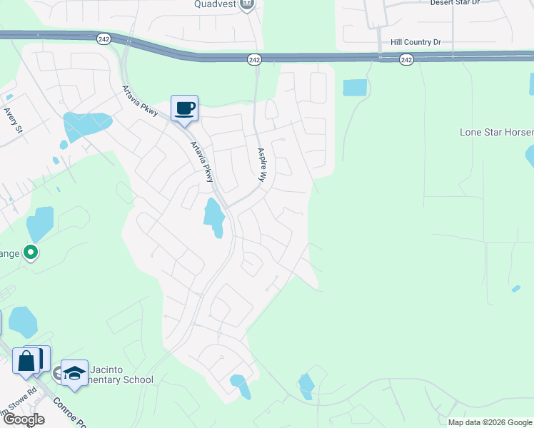 map of restaurants, bars, coffee shops, grocery stores, and more near 16195 Summer Breeze Court in Conroe
