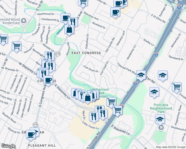 map of restaurants, bars, coffee shops, grocery stores, and more near 510 Chihuahua Trail in Austin