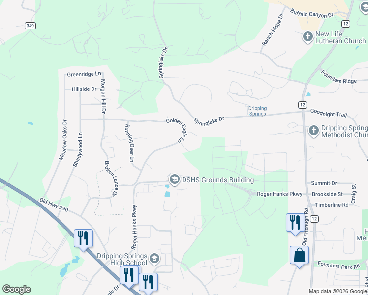 map of restaurants, bars, coffee shops, grocery stores, and more near Prairie Wolf Court in Dripping Springs