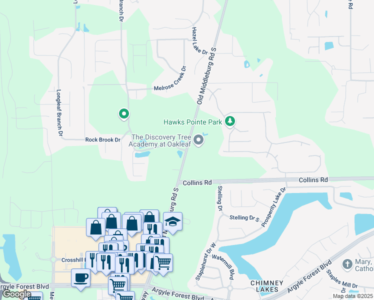 map of restaurants, bars, coffee shops, grocery stores, and more near 7633 Old Middleburg Road South in Jacksonville