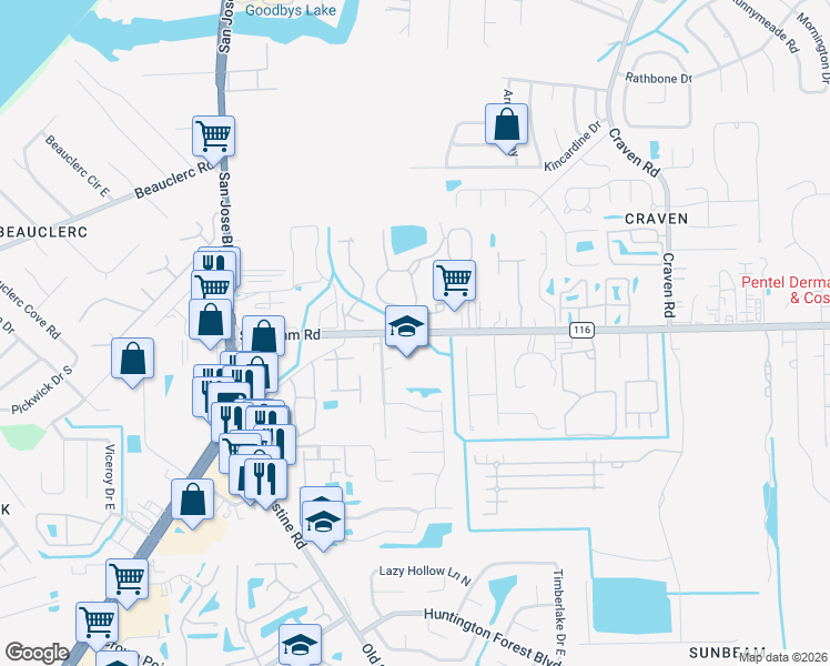 map of restaurants, bars, coffee shops, grocery stores, and more near 4040 Sunbeam Road in Jacksonville