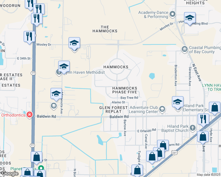 map of restaurants, bars, coffee shops, grocery stores, and more near 3478 Cherry Ridge Road in Lynn Haven