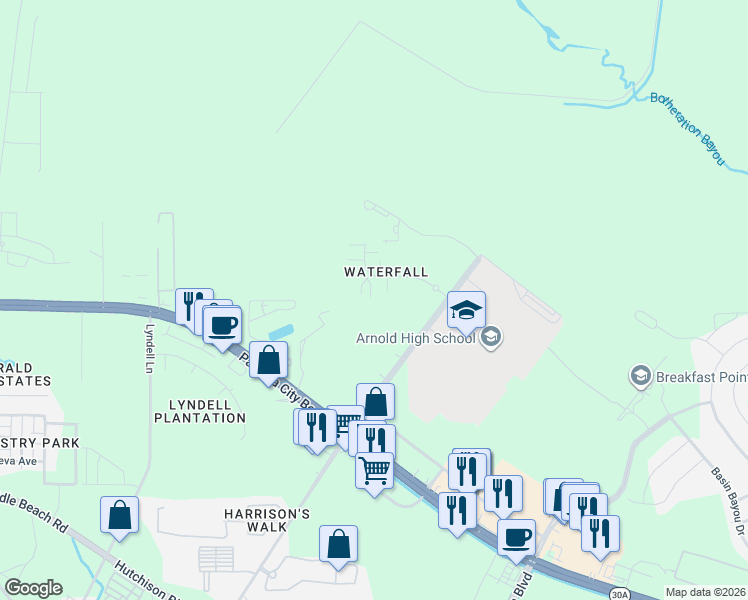 map of restaurants, bars, coffee shops, grocery stores, and more near 113 Barefoot Falls in Panama City Beach