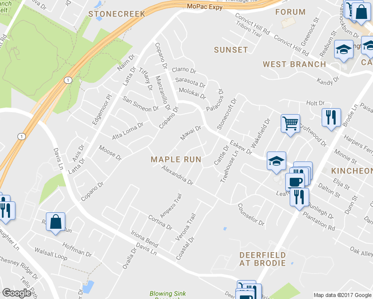 map of restaurants, bars, coffee shops, grocery stores, and more near 8212 Washita Drive in Austin
