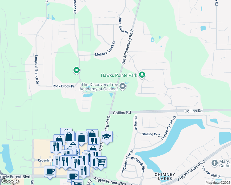 map of restaurants, bars, coffee shops, grocery stores, and more near 7633 Old Middleburg Road South in Jacksonville