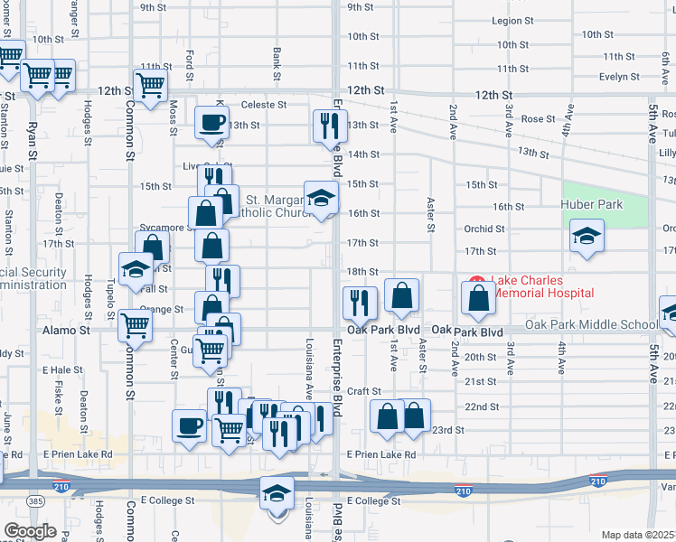 map of restaurants, bars, coffee shops, grocery stores, and more near 2701 Enterprise Boulevard in Lake Charles