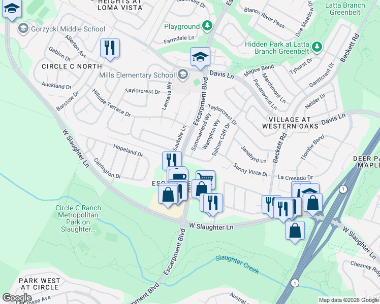 map of restaurants, bars, coffee shops, grocery stores, and more near 6015 Salcon Cliff Drive in Austin