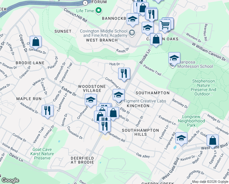 map of restaurants, bars, coffee shops, grocery stores, and more near 7802 Whitsun Drive in Austin