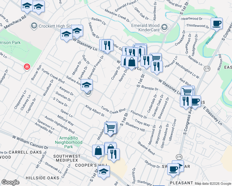 map of restaurants, bars, coffee shops, grocery stores, and more near 5903 Nancy Drive in Austin