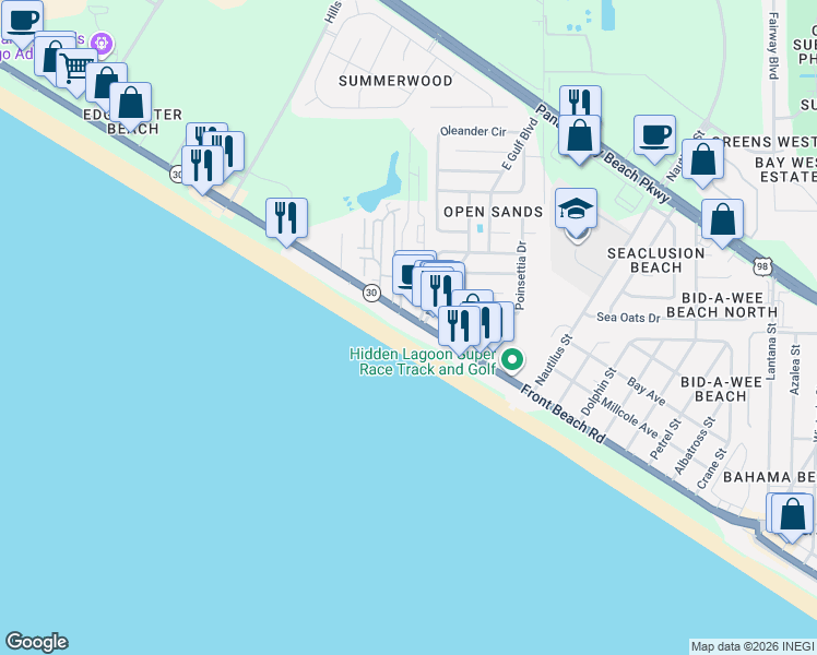 map of restaurants, bars, coffee shops, grocery stores, and more near 14701 Front Beach Road in Panama City Beach