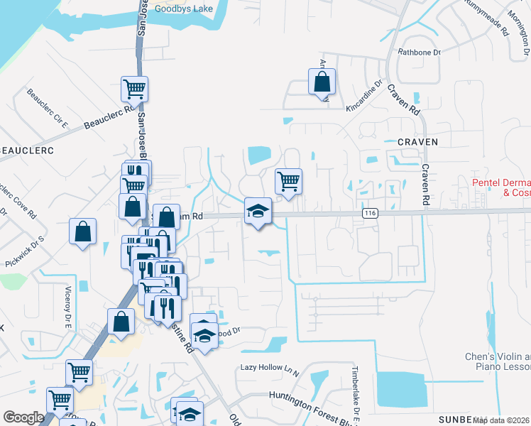 map of restaurants, bars, coffee shops, grocery stores, and more near 4083 Sunbeam Road in Jacksonville