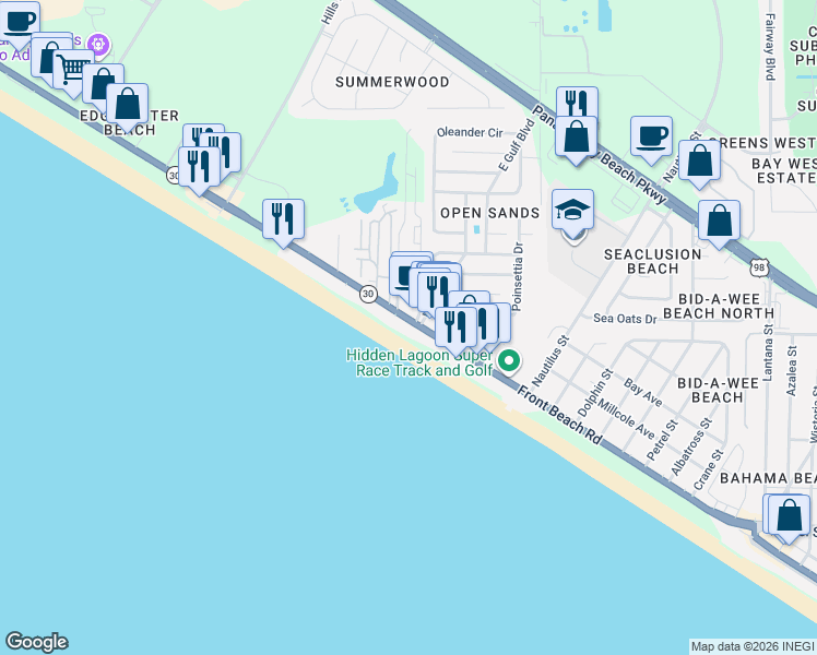 map of restaurants, bars, coffee shops, grocery stores, and more near 14701 Front Beach Road in Panama City Beach