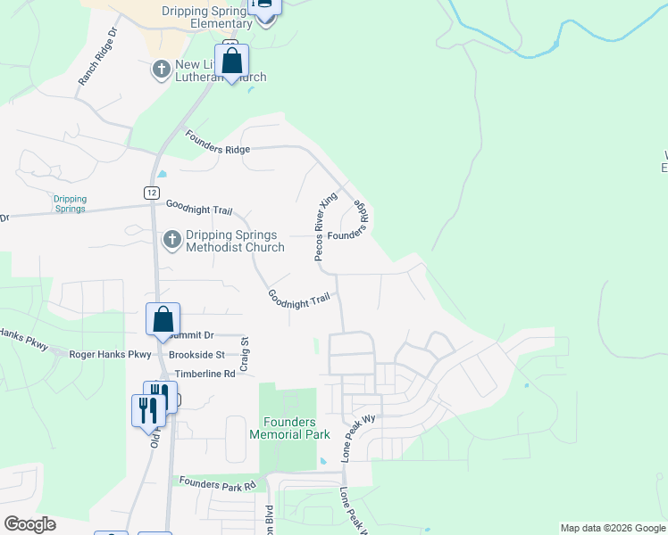 map of restaurants, bars, coffee shops, grocery stores, and more near 114 Fort Sumner Street in Dripping Springs