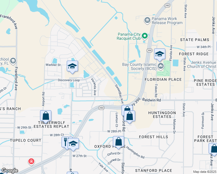 map of restaurants, bars, coffee shops, grocery stores, and more near 3100 SweetBay Avenue in Panama City