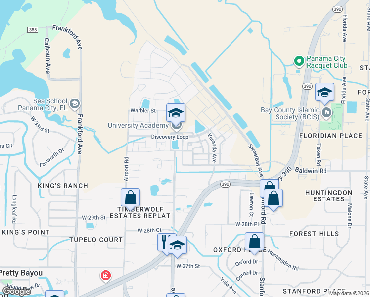 map of restaurants, bars, coffee shops, grocery stores, and more near 3204 Heartleaf Avenue East in Panama City